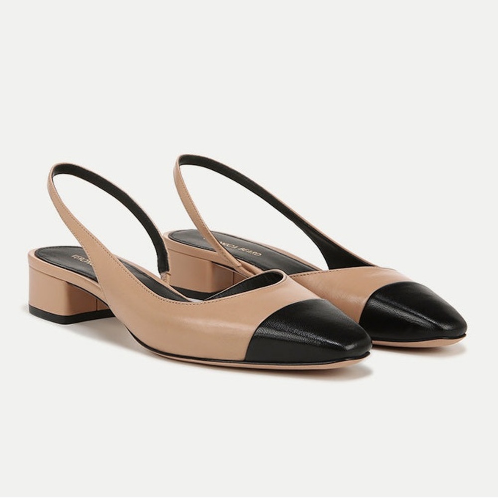 Veronica Beard Tan and Black Pointed-Toe Slingback Flats - Picture 2 of 15